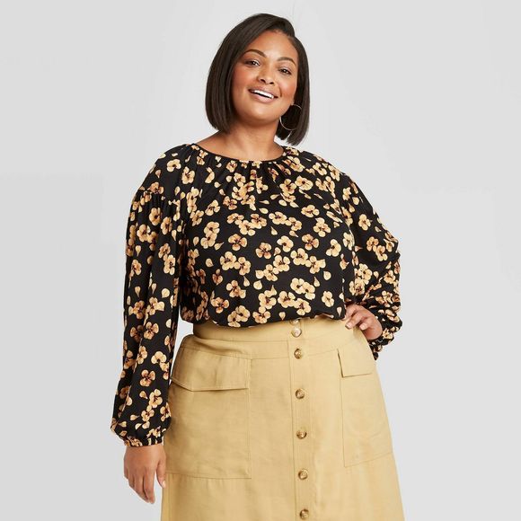 Ava & Viv Plus Size Floral Print Long Sleeve Knit Blouse, Gold, X (14W), 1020 - Picture 1 of 8